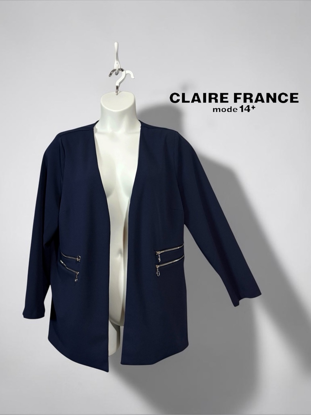Claire France, Plus Size 1X, Navy Open Front Blazer Jacket, Zip Pockets, Stretch